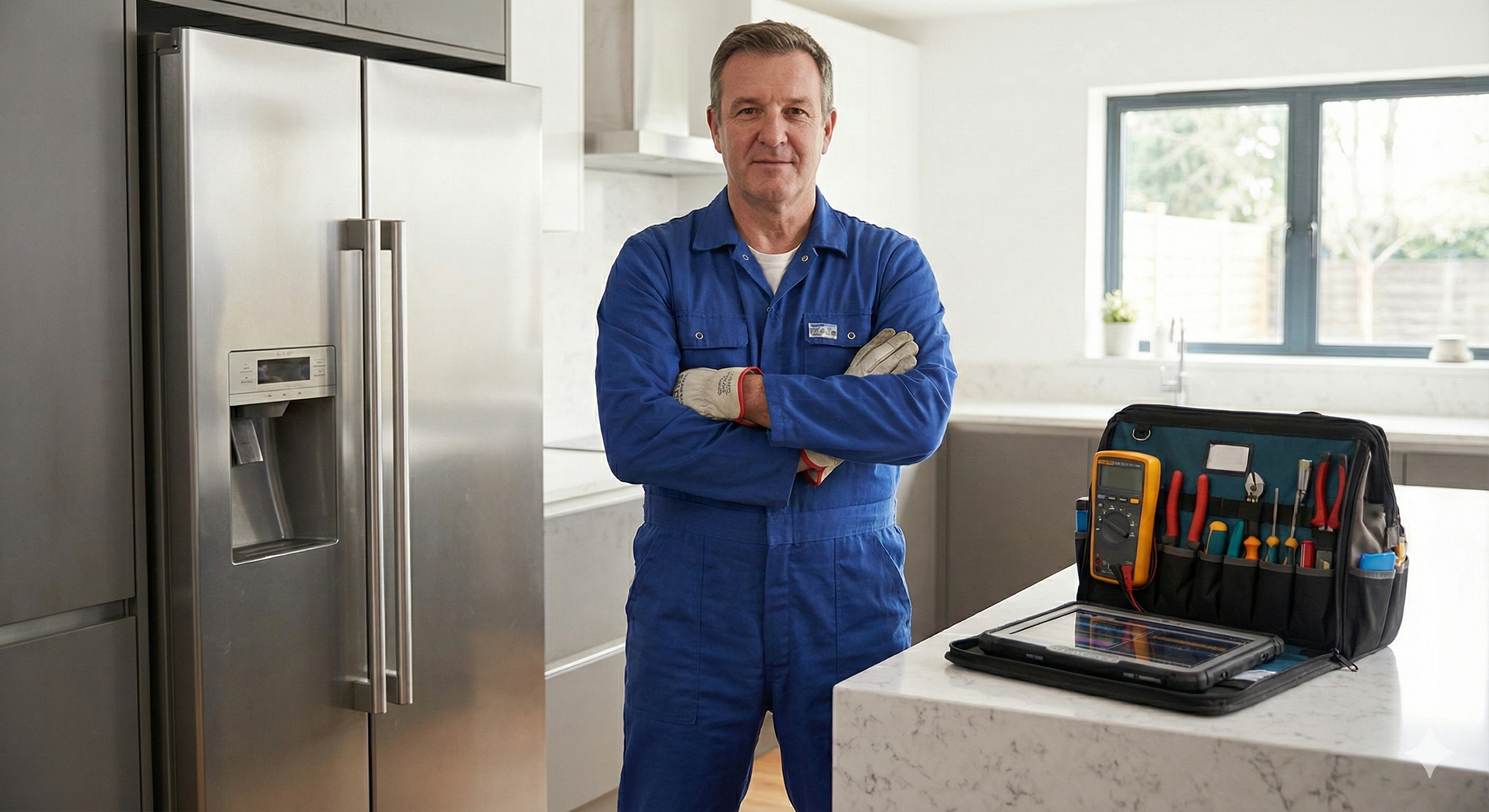 Técnico consertando geladeira